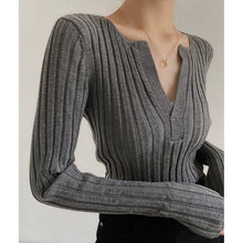 Load image into Gallery viewer, Black Slim Fit Slimming V-Neckline Long Sleeve T-shirt Knitwear
