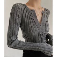Load image into Gallery viewer, Black Slim Fit Slimming V-Neckline Long Sleeve T-shirt Knitwear