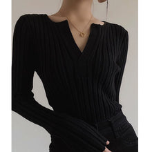 Load image into Gallery viewer, Black Slim Fit Slimming V-Neckline Long Sleeve T-shirt Knitwear