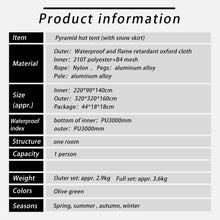 Load image into Gallery viewer, Flame-retardant Pyramid Hot Tent Outdoor Camping Waterproof Teepee Tent 1 Person Tipi Tent Winter Stove Tent with Snow Skirt