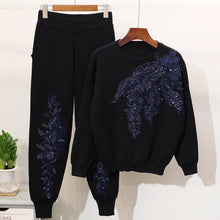 Load image into Gallery viewer, Casual Embroidered Sequin Sets For Women O Neck Long Sleeve Tops High Waist Pants Print Two Piece Set