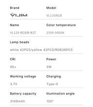 Load image into Gallery viewer, Ulanzi VL120 RGB LED Video Light; Full Color Rechargeable 3100mAh Dimmable 2500-9000K Lamp
