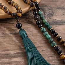 Load image into Gallery viewer, 8mm Yellow Tiger Eyes Turquesa Africana Black Onyx Japamala Set Meditation Yoga Spirit Jewelry 108 Mala Beaded Tassel Necklace