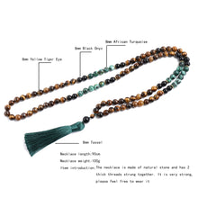 Load image into Gallery viewer, 8mm Yellow Tiger Eyes Turquesa Africana Black Onyx Japamala Set Meditation Yoga Spirit Jewelry 108 Mala Beaded Tassel Necklace