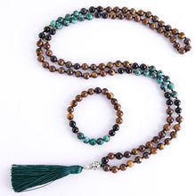 Load image into Gallery viewer, 8mm Yellow Tiger Eyes Turquesa Africana Black Onyx Japamala Set Meditation Yoga Spirit Jewelry 108 Mala Beaded Tassel Necklace