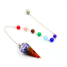 Load image into Gallery viewer, 7 Chakras Chain Resin Hexagon Pointed Cone Pendant Pendulum; Reiki &amp; Yoga Healing Natural Stones
