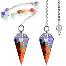 Load image into Gallery viewer, 7 Chakras Chain Resin Hexagon Pointed Cone Pendant Pendulum; Reiki &amp; Yoga Healing Natural Stones
