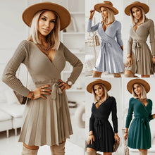 Load image into Gallery viewer, Autumn 2022 New Long Sleeve Woolen Dress Sexy V-neck Dress Pleated Knitted Short Belt A-line Dress Women&#39;s Fashion Street Dress
