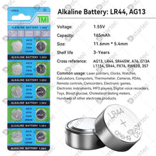 Load image into Gallery viewer, 10PCS AG13 LR44 A76 1.55V Button Batteries For Watch Toys Remote L1154 SP76 pila SR44 LR1154 357 303 Cell Coin Alkaline Battery
