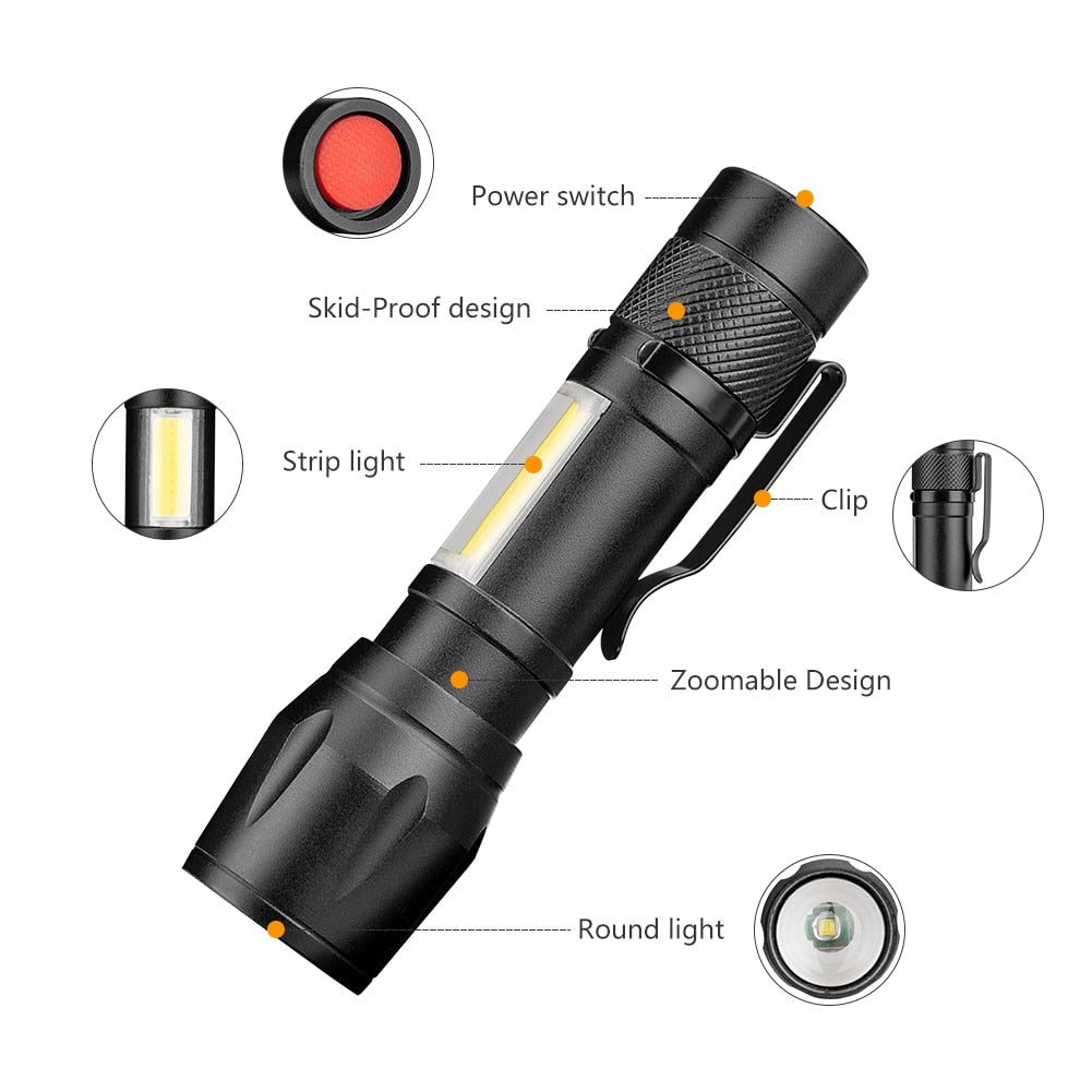 COB LED Flashlight Super Bright Waterproof Handheld Flashlights Torch Pocket Work Light for Emergency Lighting