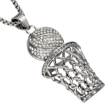 Load image into Gallery viewer, Men&#39;s Ice Gold or Silver Basketball And Hoop Necklace; Steel
