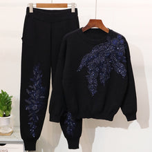 Load image into Gallery viewer, Casual Embroidered Sequin Sets For Women O Neck Long Sleeve Tops High Waist Pants Print Two Piece Set
