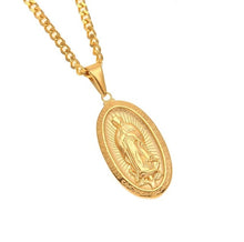 Load image into Gallery viewer, Catholic Religious Virgin Mary Necklace Pendant Stainless Steel Gold Color Cross Medallion Necklace
