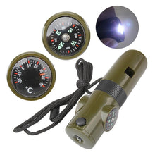 Load image into Gallery viewer, Camping Survival Whistle With Compass Thermometer Flashlight Magnifier
