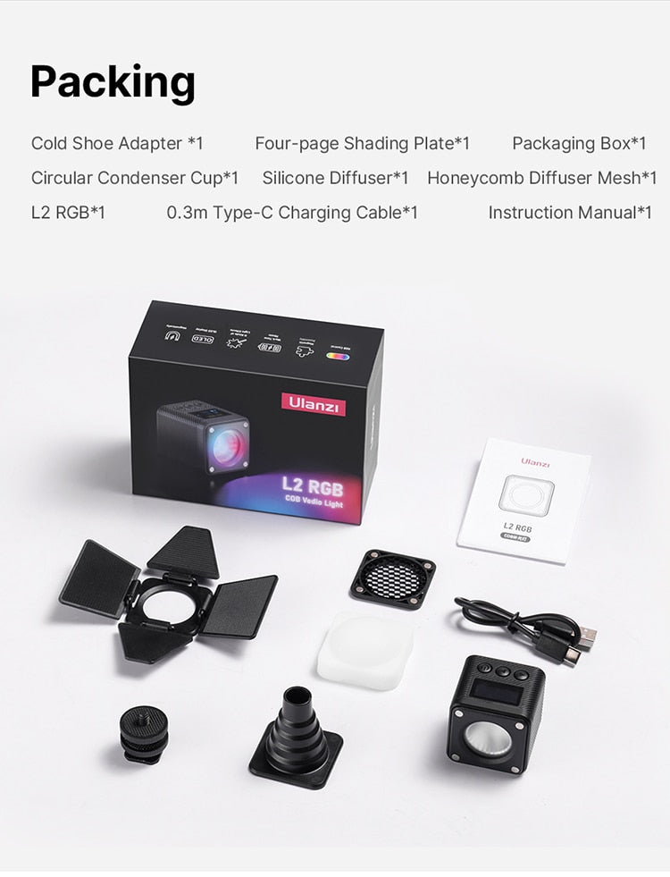 Ulanzi L2 RGB COB Video Light Stepless Dimmable LED Lamp for GoPro DSLR Camera With Led Display Magnetic Mini Vlog Fill Light