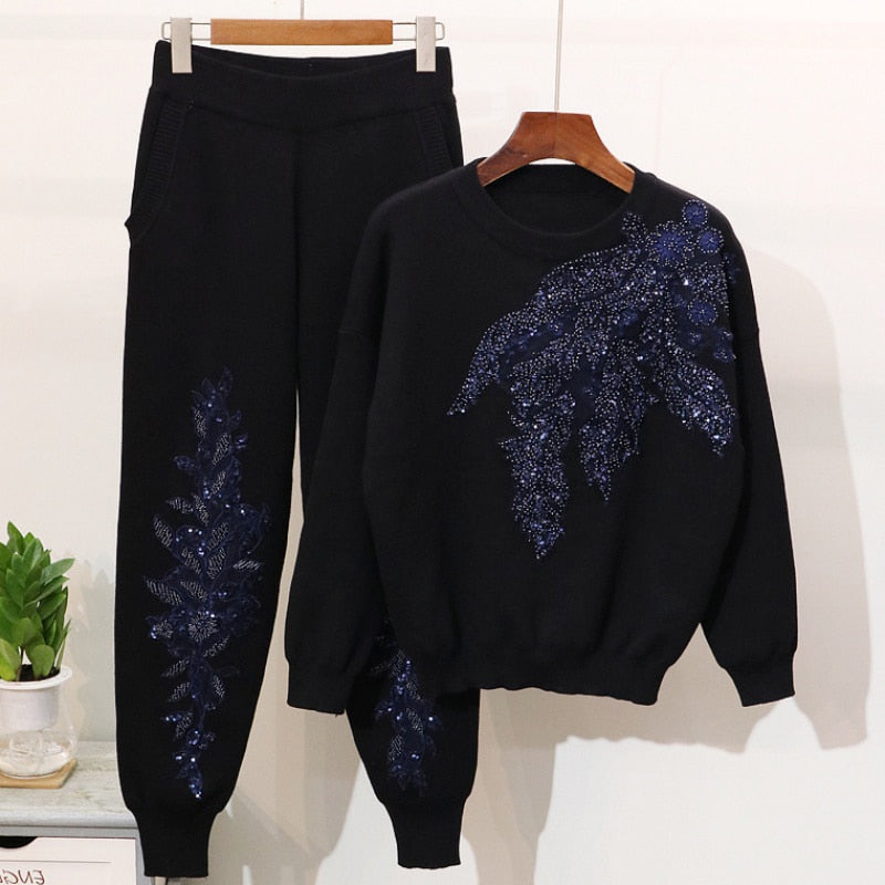 Casual Embroidered Sequin Sets For Women O Neck Long Sleeve Tops High Waist Pants Print Two Piece Set
