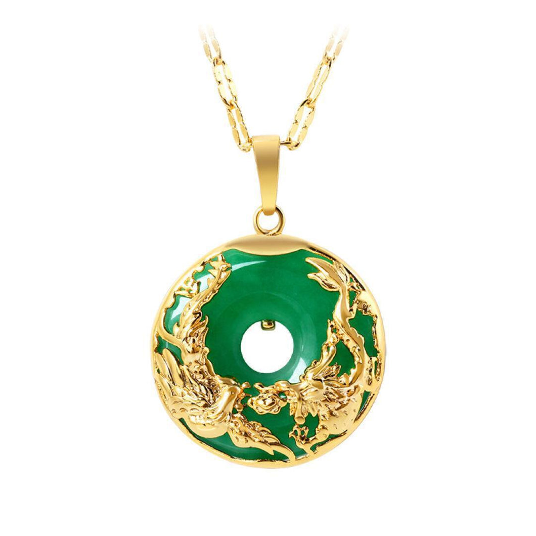 Natural Green Hetian Jade Pendant 925 Silver Dragon Phoenix Necklace