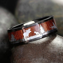Load image into Gallery viewer, FDLK     Black Tungsten Hunting Ring Wedding Band Wood Inlay Deer Stag Silhouette Ring
