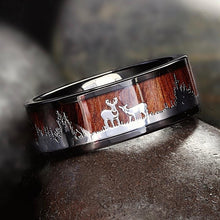 Load image into Gallery viewer, FDLK     Black Tungsten Hunting Ring Wedding Band Wood Inlay Deer Stag Silhouette Ring

