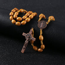 Load image into Gallery viewer, KOMi Handmade Weave Saint Benedict Medal Antique Wooden Rosary Cross
