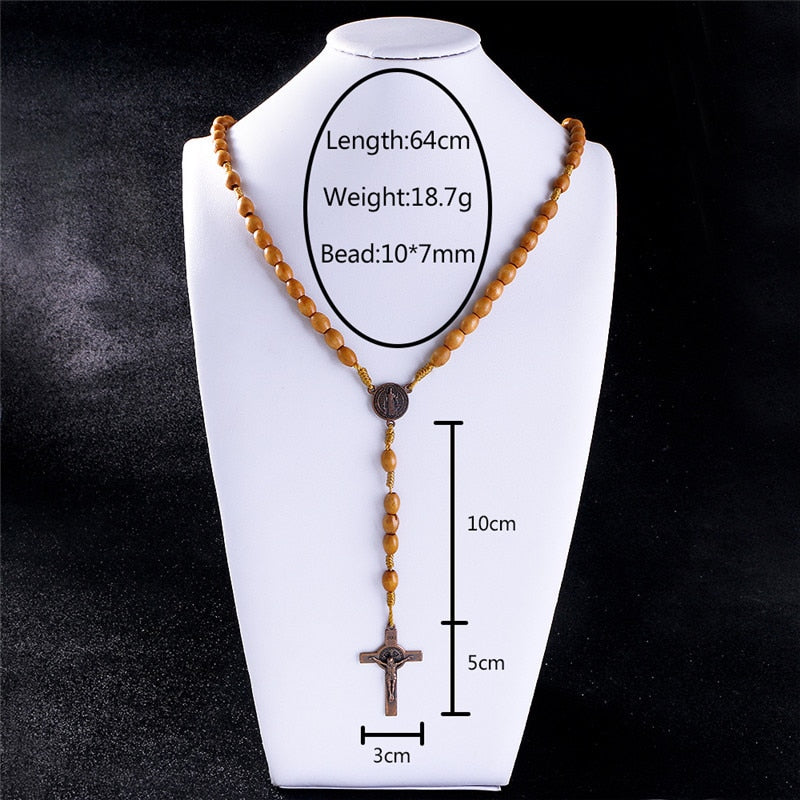 KOMi Handmade Weave Saint Benedict Medal Antique Wooden Rosary Cross