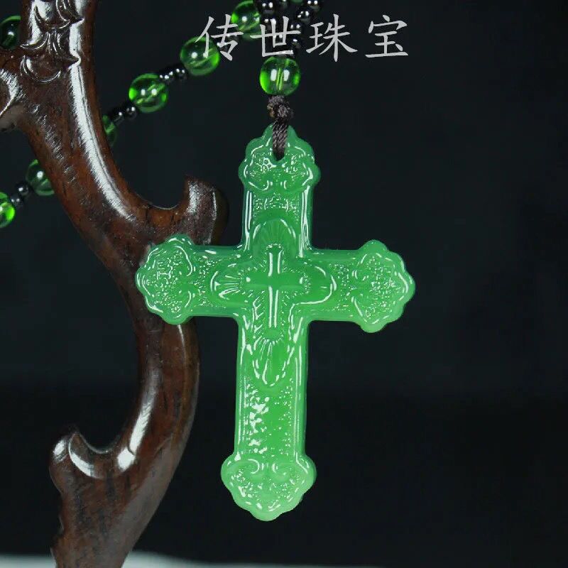 Chinese Natural Green Jade Cross Pendant Necklace; Hand-carved Charm