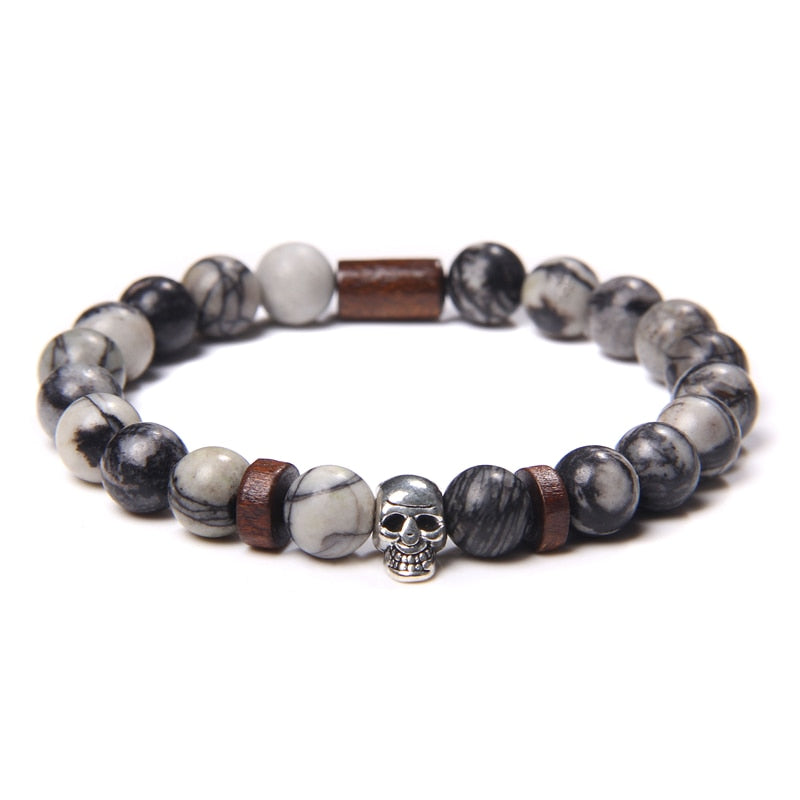 Skull Bracelets For Men Women Natural Stone; 8MM Beads Stretch Bangles