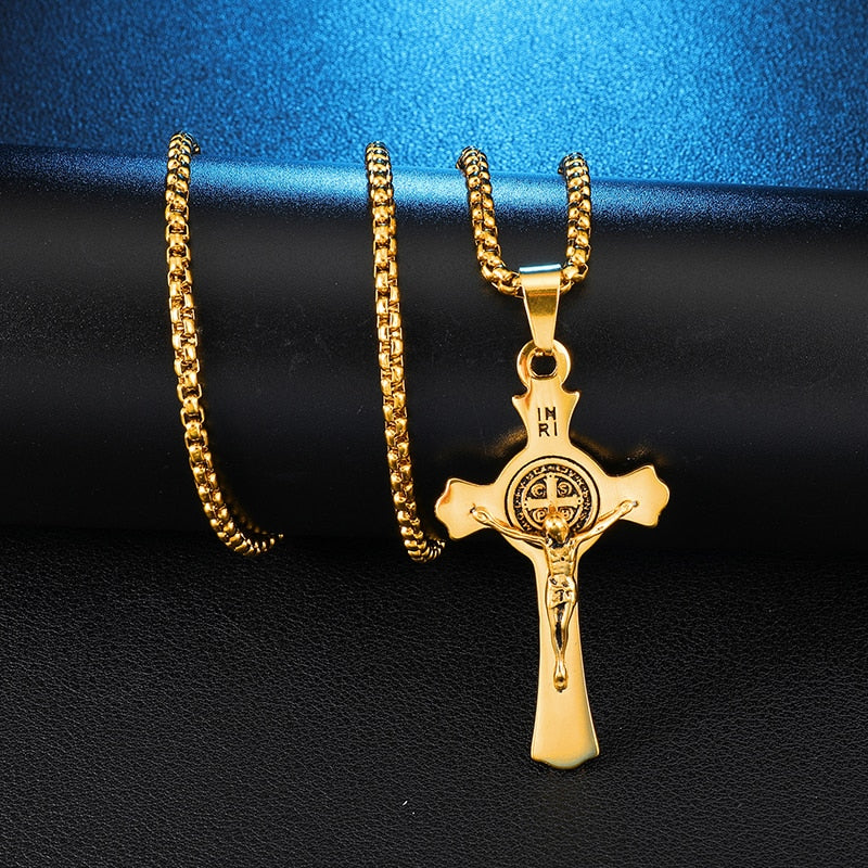 INRI Jesus Cross Necklaces Pendants Stainless Steel Exorcism St. Benedict Crucifix