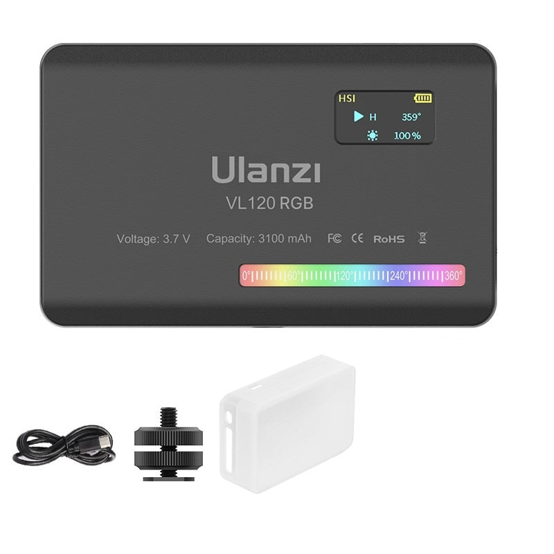 Ulanzi VL120 RGB LED Video Light; Full Color Rechargeable 3100mAh Dimmable 2500-9000K Lamp