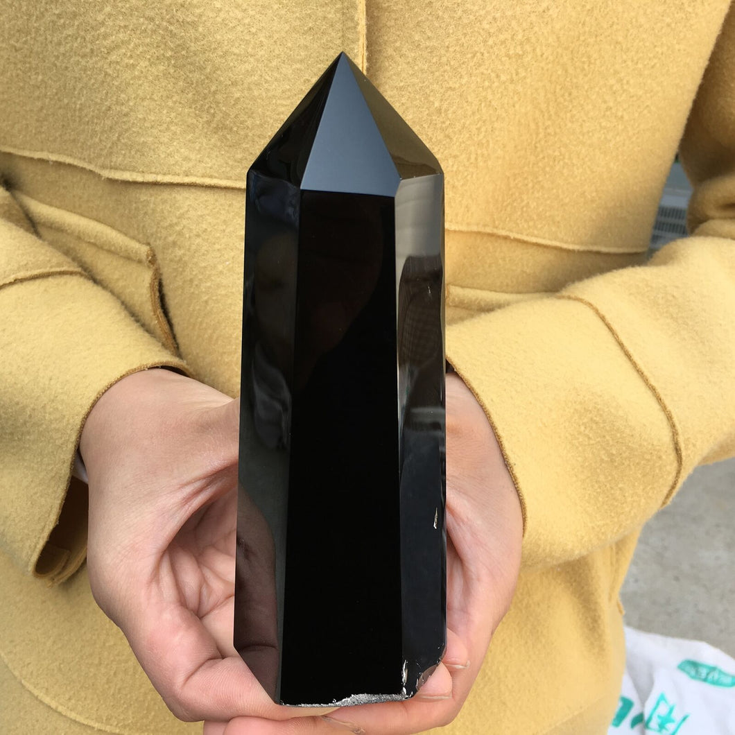 1PC Natural Obsidian Obelisk; Point Quartz Crystal Wand; Healing 550-600g