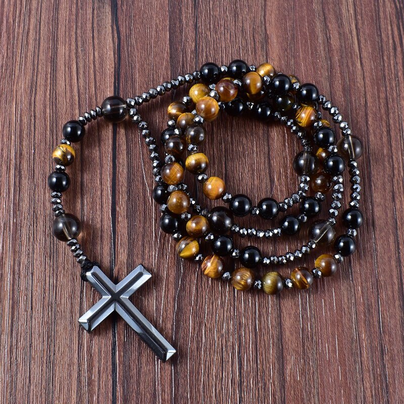 Natural Black Onyx With Tiger Eye Stone Catholic Christ Rosary Necklaces Hematite Cross Pendant Necklace Meditation Jewelry