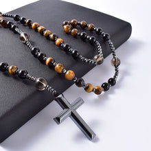 Load image into Gallery viewer, Natural Black Onyx With Tiger Eye Stone Catholic Christ Rosary Necklaces Hematite Cross Pendant Necklace Meditation Jewelry
