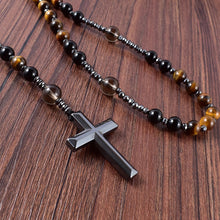 Load image into Gallery viewer, Natural Black Onyx With Tiger Eye Stone Catholic Christ Rosary Necklaces Hematite Cross Pendant Necklace Meditation Jewelry
